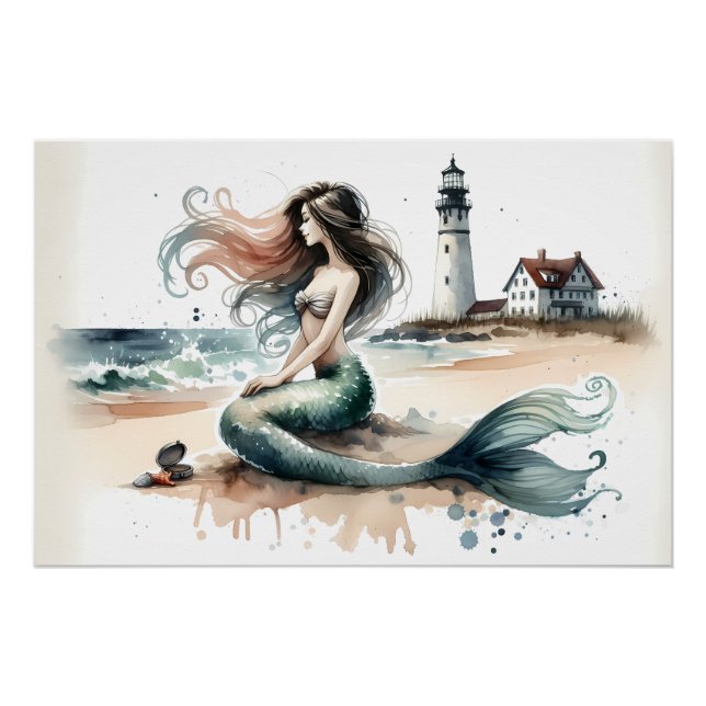 Mermaid Lighthouse Coastal Watercolor Scene Poster (Front)