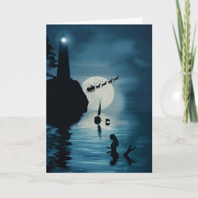 Mermaid Lighthouse Dolphin Sailboat Holiday Card (Front)