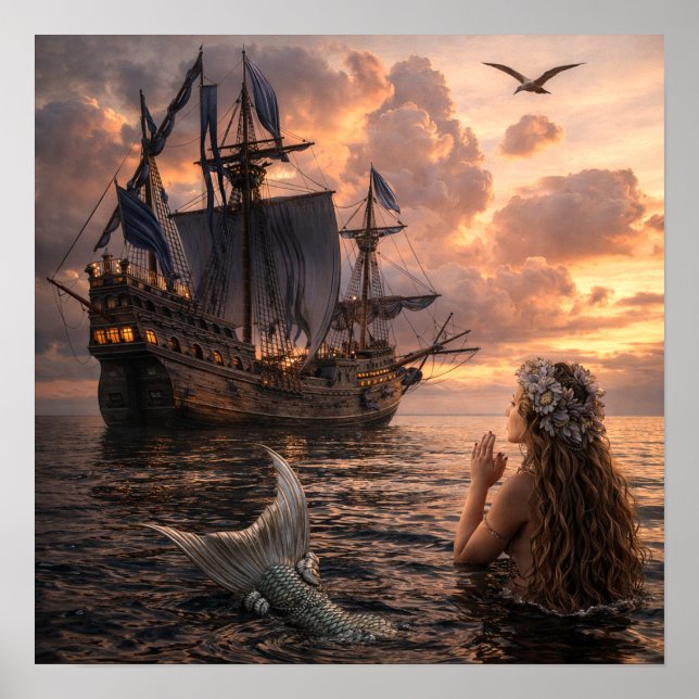 Mermaid Looking At A Sailing Ship Poster (Front)