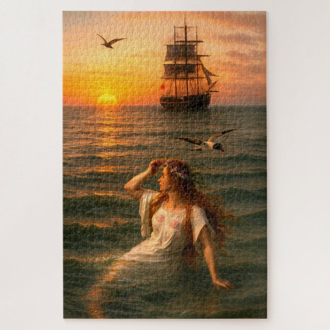 Mermaid Looking At Sailing Ship At Sunset Jigsaw Puzzle (Vertical)