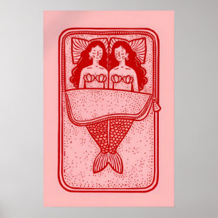 Mermaid Lovers Poster, Red Line Art Wall Print