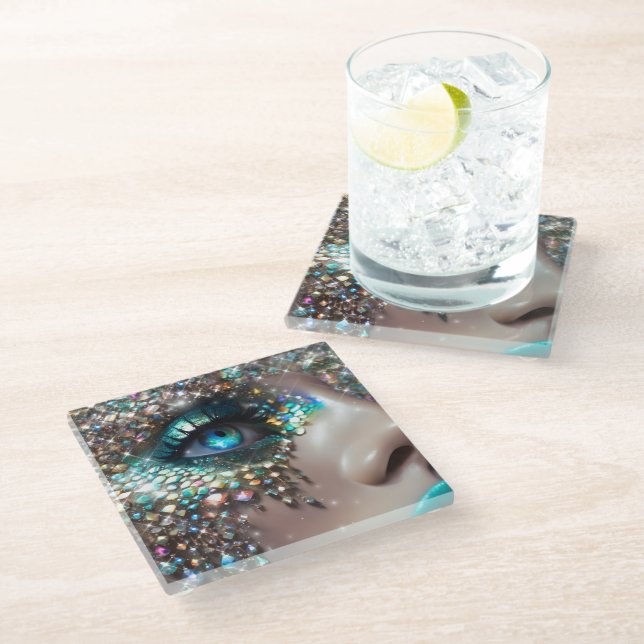 Mermaid Makeup Face Jewels  Glass Coaster (Angled)