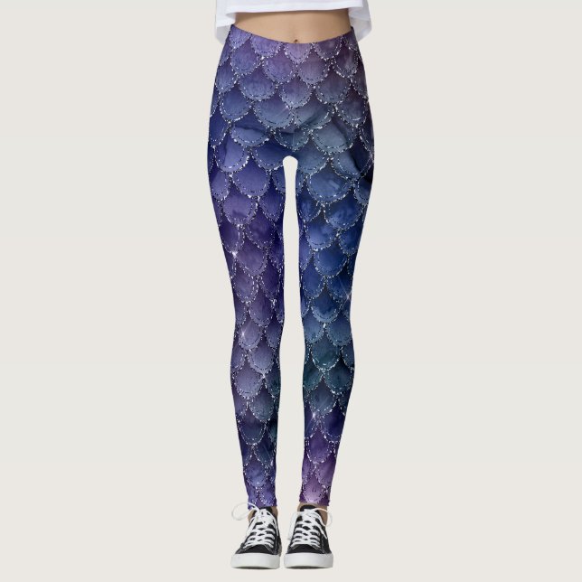 Mermaid Marble Purple Lavender Teal Colours Scales Leggings (Front)