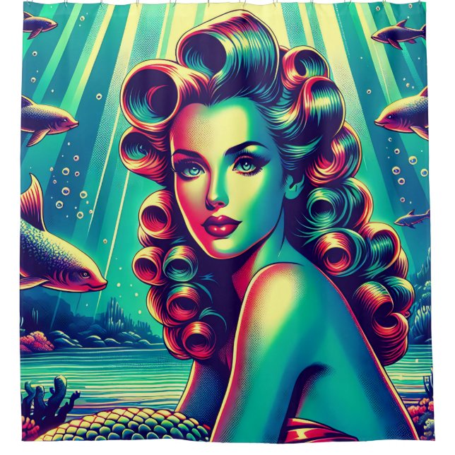  “Mermaid Marina: 1940’s Pin-Up Mermaid Charm” Shower Curtain (Front)