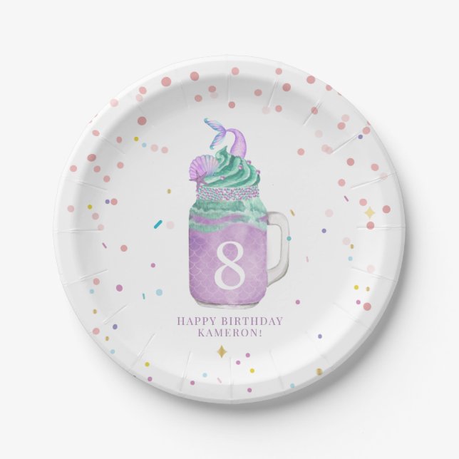 Mermaid Mason Jar Milkshake Girls Birthday Age Paper Plate (Front)