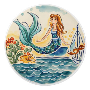 Mermaid Mediterranean Folk Art Ceramic Knob