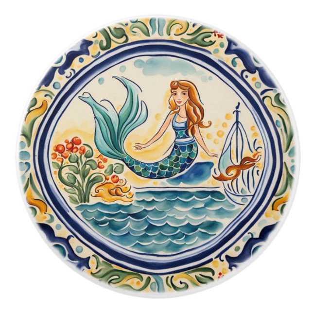 Mermaid Mediterranean Folk Art Ceramic Knob (Front)