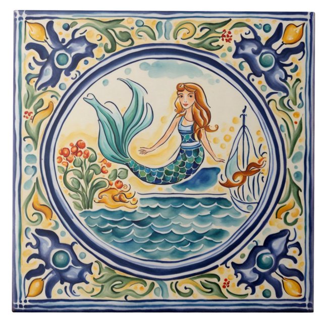 Mermaid Mediterranean Folk Art Tile (Front)
