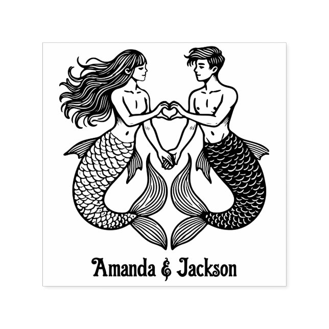 Mermaid Merman Sweethearts Making Heart Sign Names Self-inking Stamp (Design)