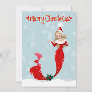 Mermaid Merry Christmas Bubbles Holiday  Card