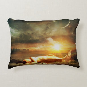 Mermaid moon beach and ocean brown green gold decorative cushion