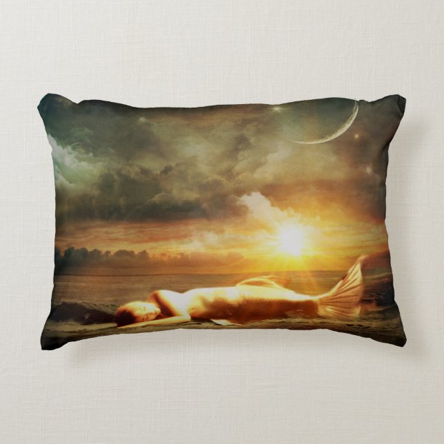 Mermaid moon beach and ocean brown green gold decorative cushion (Front)