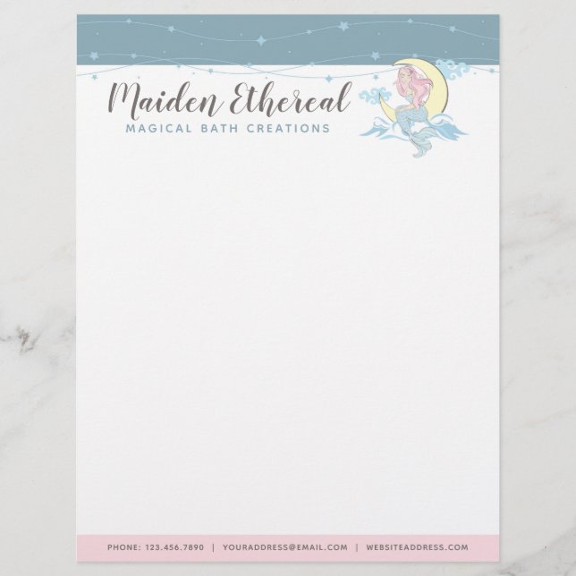 Mermaid Moon & Stars Mystical Pink Hair Sea Siren Custom Letterhead (Front)