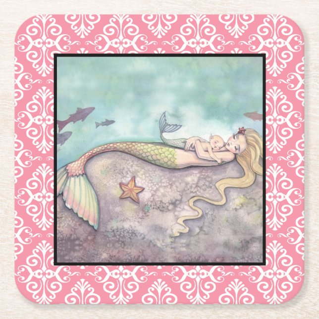 Mermaid Mother and Baby Baby Shower Coasters (Front)