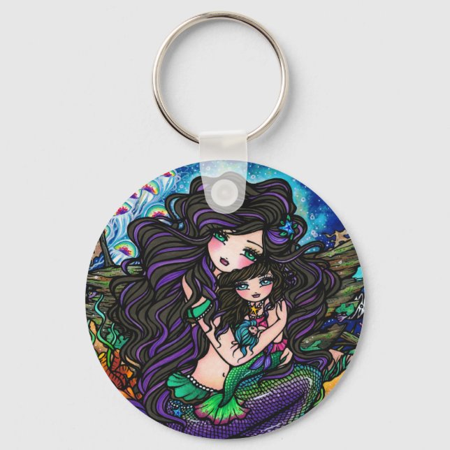 Mermaid Mum & Baby Jellyfish Fantasy Art Keychain (Front)