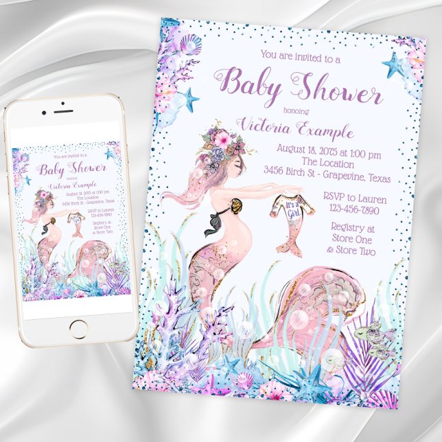 Mermaid Mum Baby Shower Invitations (Pretty Mermom baby shower invitation. Instant download and printed invitations available.)