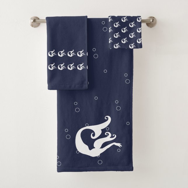 Mermaid Ocean Blue and White Bath Towel Set (Insitu)
