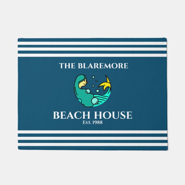 Mermaid Ocean Blue White Stripes Name Cute Doormat (Front)