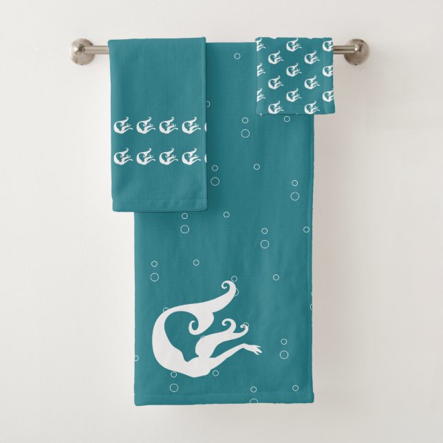mermaid ocean teal blue and white bath towel set (Insitu)
