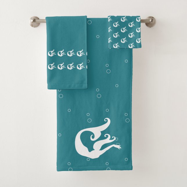 mermaid ocean teal blue and white bath towel set (Insitu)