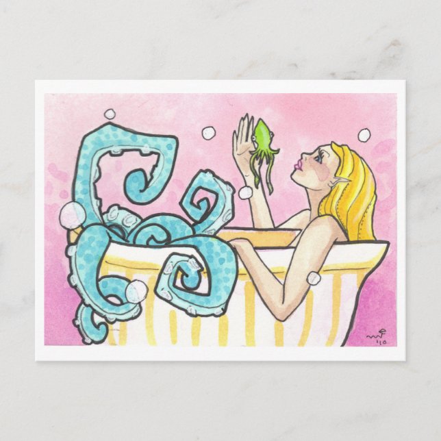 Mermaid Octopus in a Bathtub fantasy art postcards (Front)