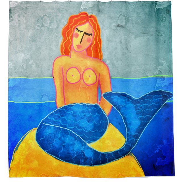 Mermaid on a Rock Abstract Art Shower Curtain (Front)