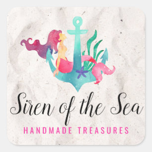 Mermaid on Anchor Nautical Watercolor Beach Sand Square Sticker