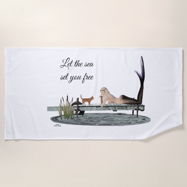 Mermaid On Boat Dock Beach Towel (Front)