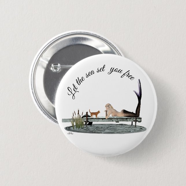 Mermaid On Boat Dock Pin Button (Front & Back)