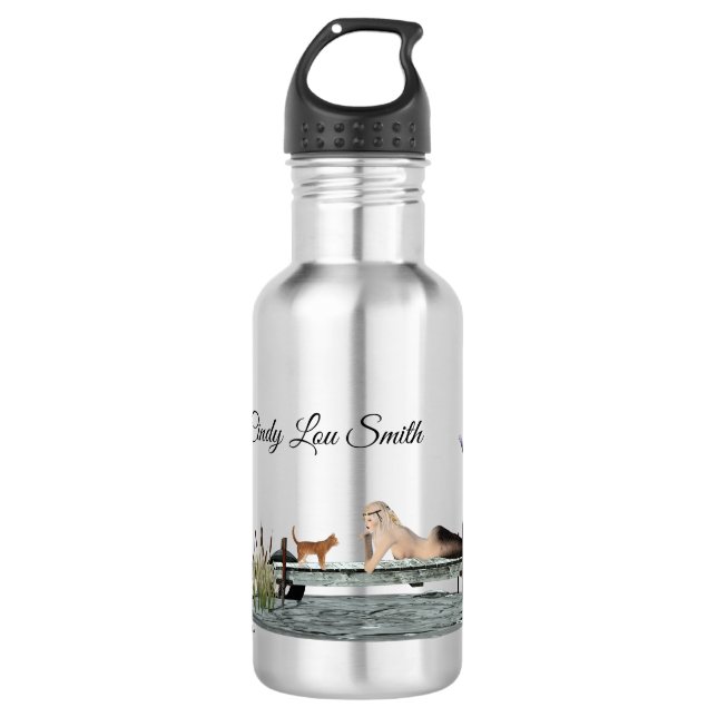 Mermaid On Boat Dock Water Bottle (Front)