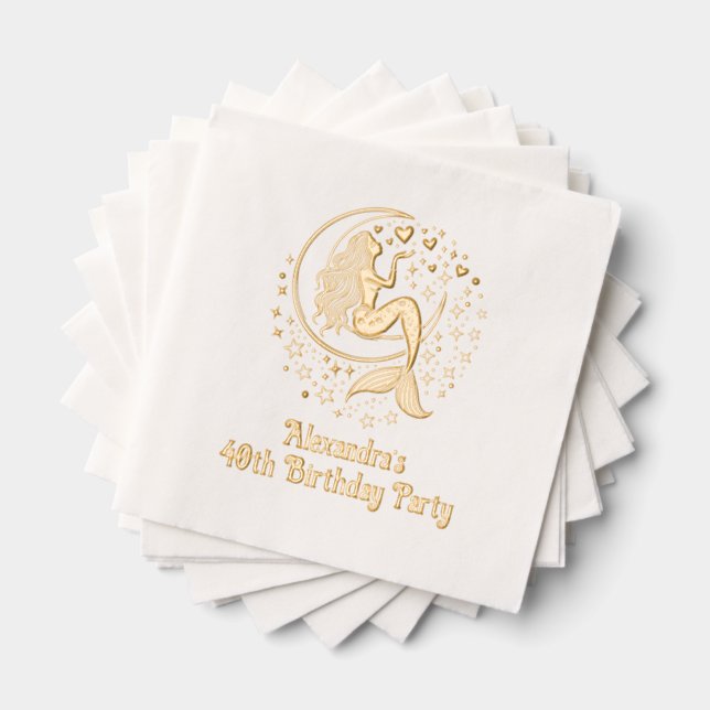 Mermaid on Crescent Moon Birthday Any Age Foil Napkins (Insitu (Stacked))