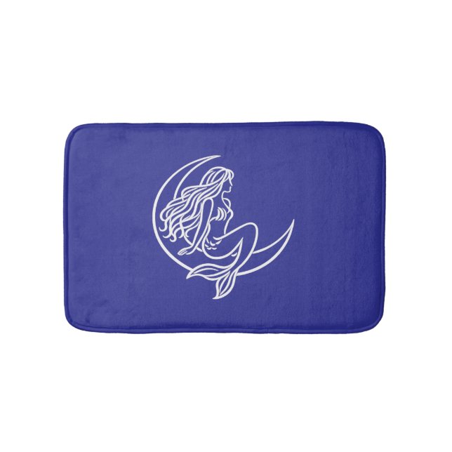 Mermaid on Crescent Moon (White Line Art) Bath Mat (Front)