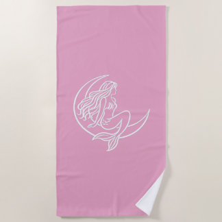 Mermaid on Crescent Moon (White Line Art) Beach Towel