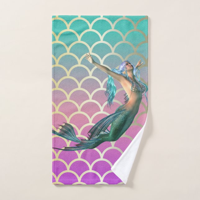 Mermaid On Ombre Mermaid Tail Scales Bath Towel Set (Hand Towel)