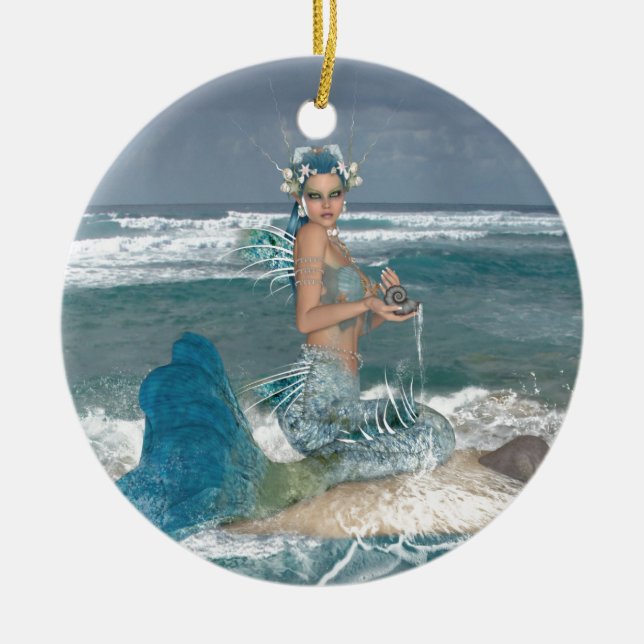 Mermaid on Rock Ceramic Tree Decoration (Front)