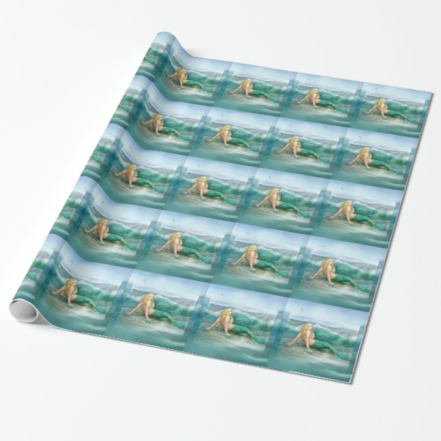Mermaid on Shore with Aqua Waves and Seagulls Wrapping Paper (Unrolled)