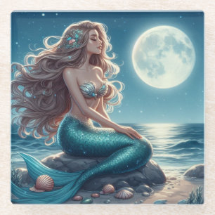 Mermaid on the beach at night glass coaster