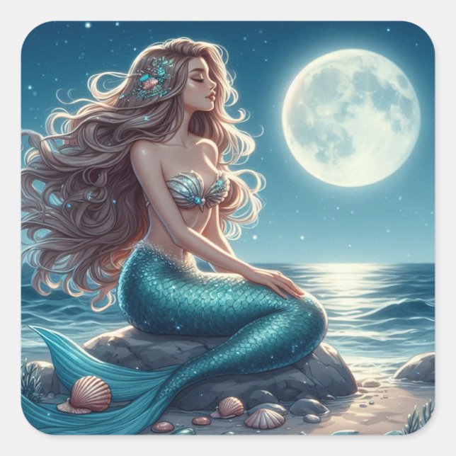 Mermaid on the beach at night square sticker (Front)