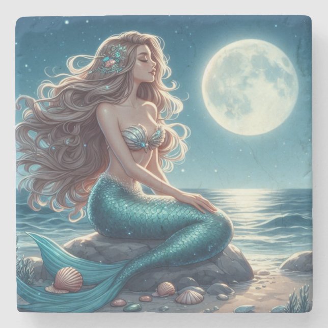 Mermaid on the beach at night stone coaster (Front)