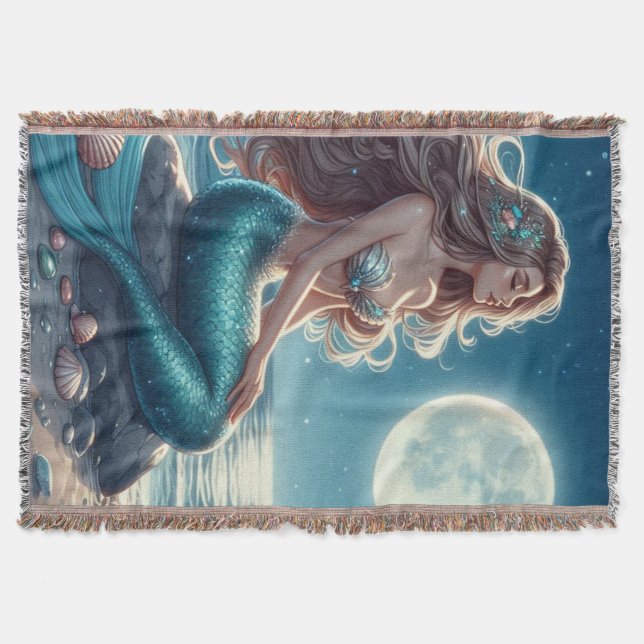 Mermaid on the beach at night throw blanket (Front)