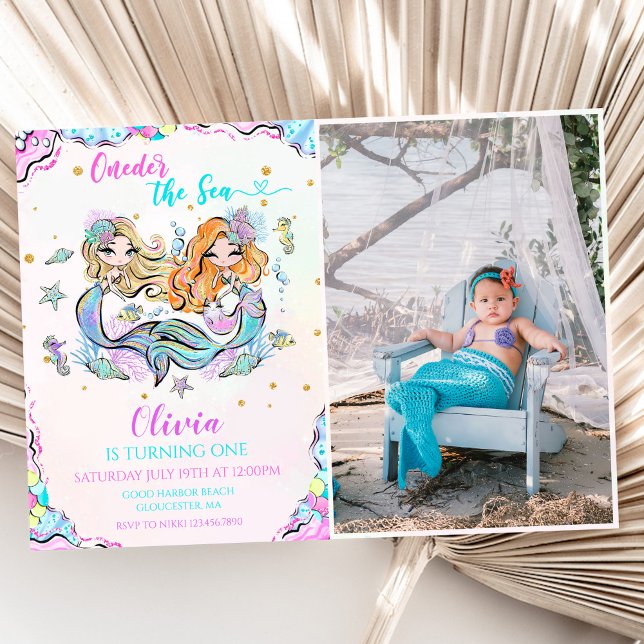 Mermaid Oneder The Sea 1st Birthday Party Photo Invitation (Creator Uploaded)