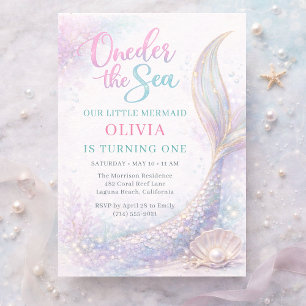 Mermaid Oneder the Sea 1st Glitter Birthday Invitation