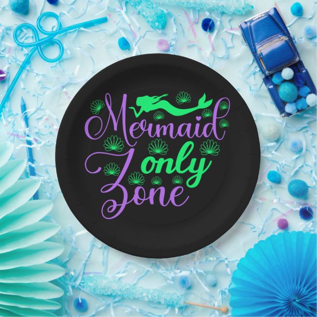Mermaid Only Zone in Neon Green and Purple Paper Plate (Party)