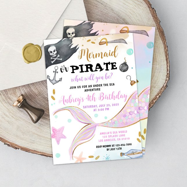 Mermaid or Pirate Birthday Under the Sea Party Invitation (Mermaid Pirate Birthday Invitation)