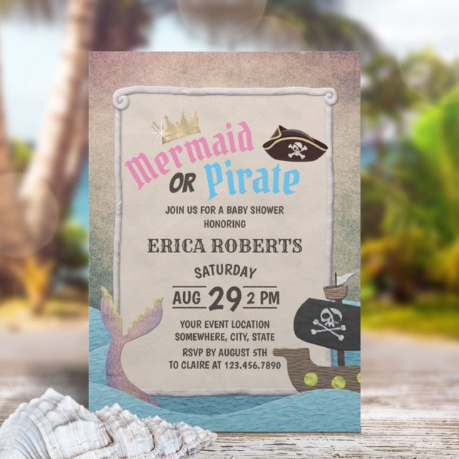 Mermaid or Pirate Cute Gender Reveal Baby Shower Invitation (Creator Uploaded)