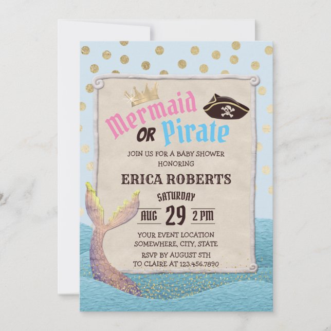 Mermaid or Pirate Cute Polka Dots Baby Shower Invitation (Front)