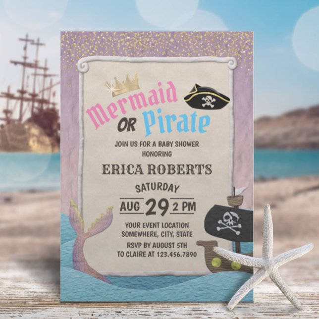 Mermaid or Pirate Cute Purple Pink Baby Shower Invitation (Creator Uploaded)