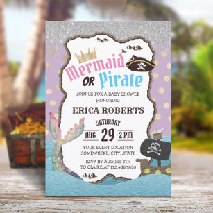 Mermaid or Pirate Purple & Gold Dots Baby Shower Invitation