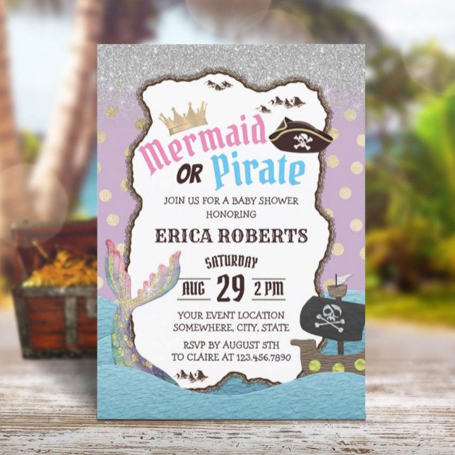 Mermaid or Pirate Purple & Gold Dots Baby Shower Invitation (Creator Uploaded)