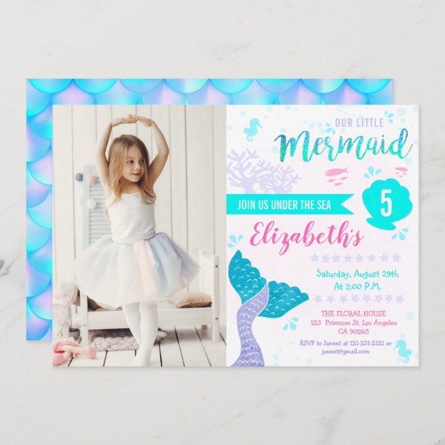 Mermaid or Under The Sea Aqua Teal Birthday Photo Invitation (Front/Back)
